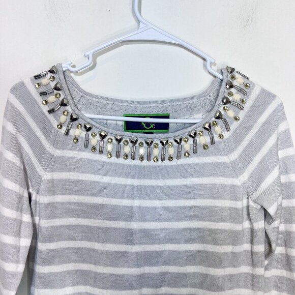 C Wonder Sweater XXS Womens Grey Cream‎ Jewel Boat Neck Striped Pullover - Picture 3 of 9
